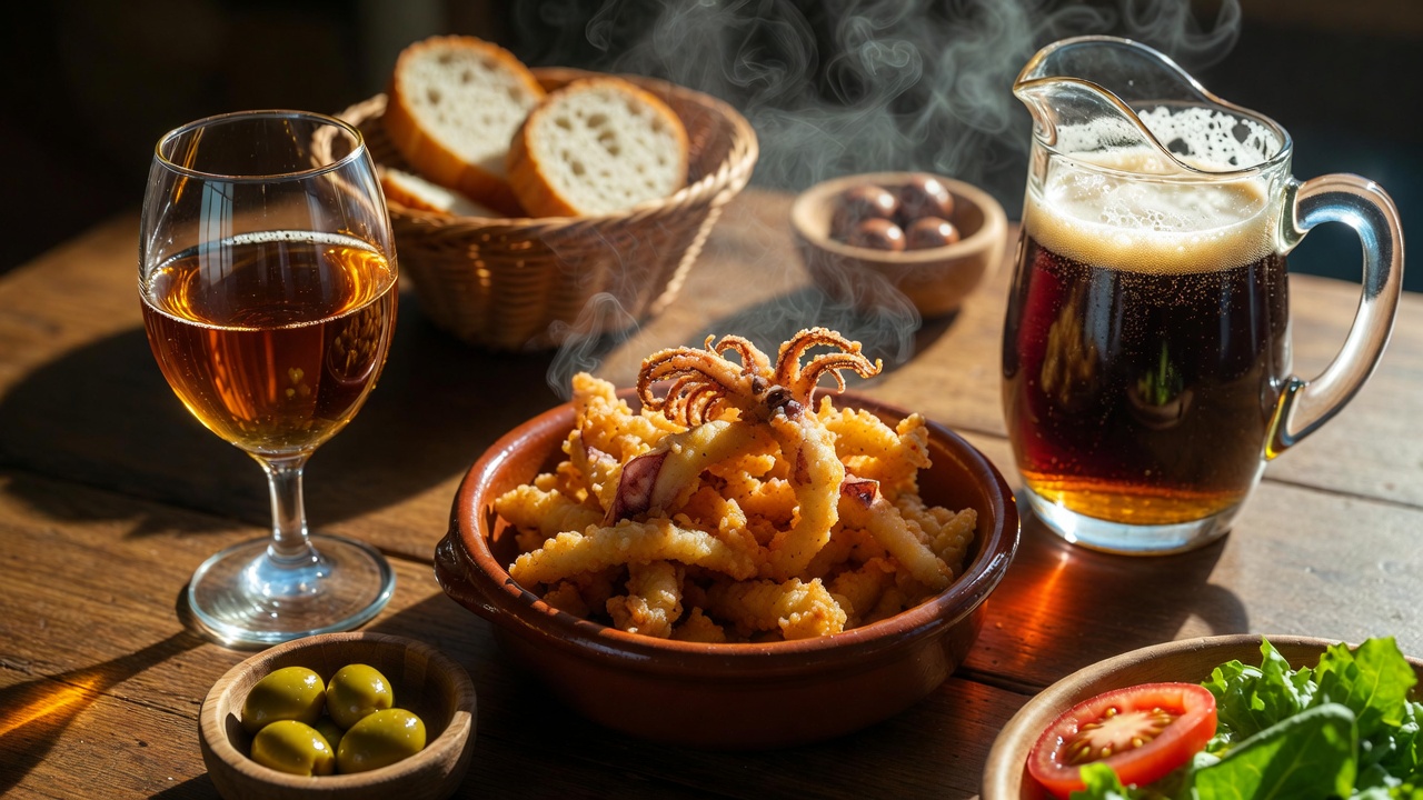 Puntillitas fritas servidas en mesa con vino fino, cerveza, pan y ensalada, listas para compartir