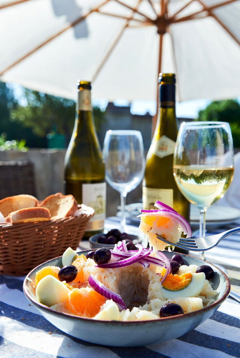 Mesa de verano con Remoj&oacute;n Andaluz, vino blanco fr&iacute;o y pan tostado, listo para disfrutar