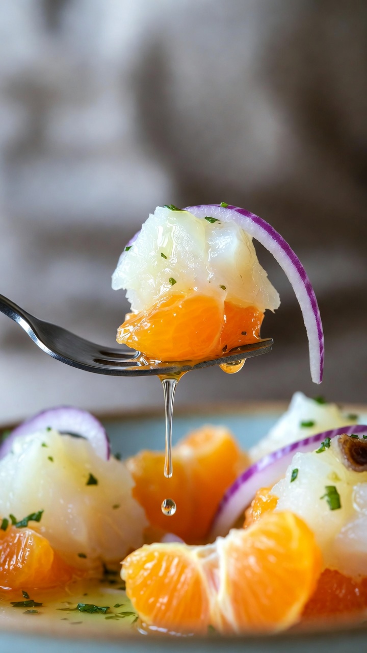Detalle macro de la textura del Remoj&oacute;n Andaluz: naranja, bacalao y cebolla morada