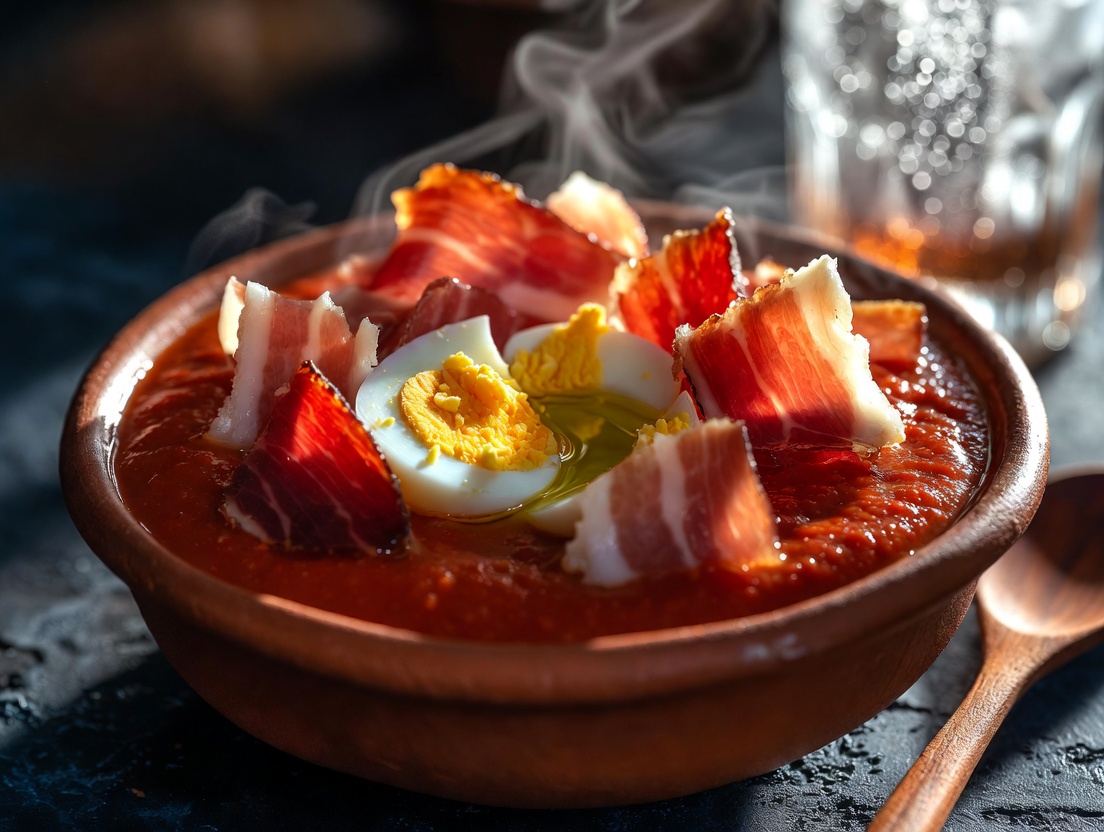 Salmorejo cordob&eacute;s con jam&oacute;n y huevo servido en cuenco de barro tradicional