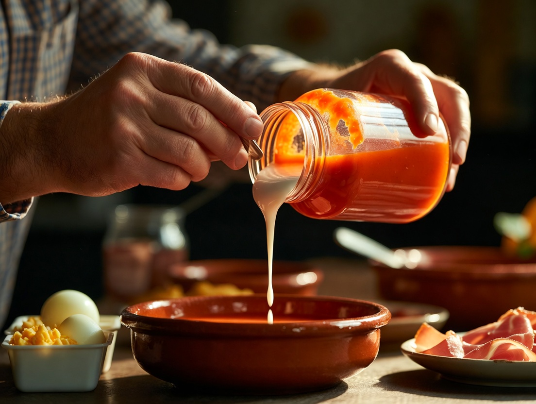 Momento de servir salmorejo cordob&eacute;s desde una jarra a un cuenco de barro