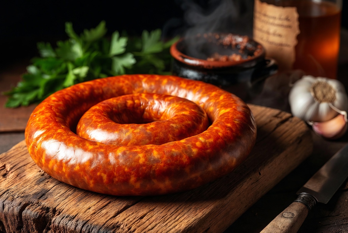 Ingredientes frescos para hacer Txistorra a la Sidra: embutido, sidra natural, ajo y perejil